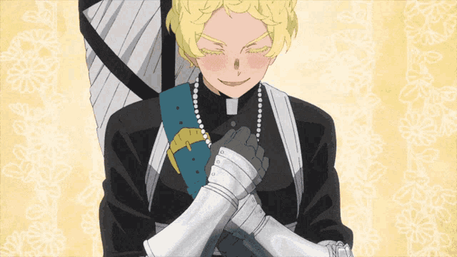 a man wearing a priest 's uniform is smiling with his hands crossed