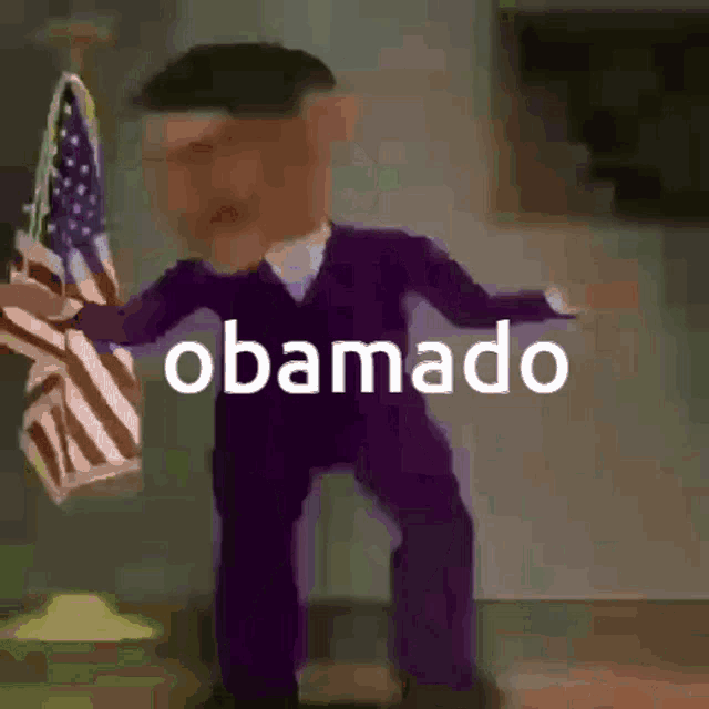 a man in a purple suit is holding an american flag and the word obamado is above him