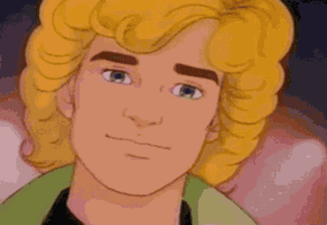 a close up of a cartoon character with blonde hair