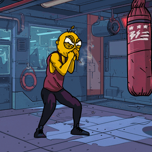 a cartoon drawing of a man boxing with a punching bag that says blitz
