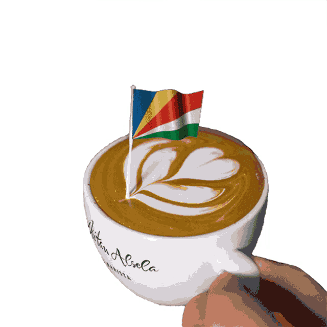 a person is holding a cup of coffee with a flag in it