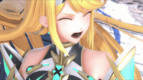 a close up of a video game character with a surprised expression on her face