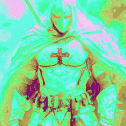 a knight with a cross on his chest and a cape