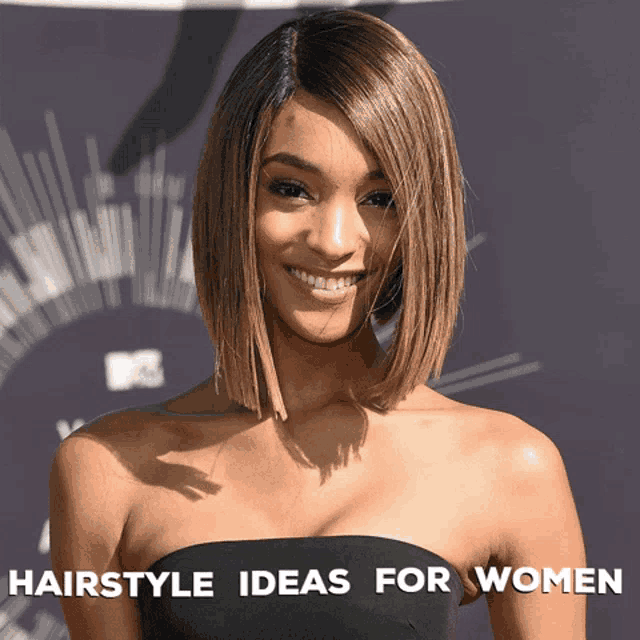 a woman wearing a black strapless dress with the words hairstyle ideas for women written below her