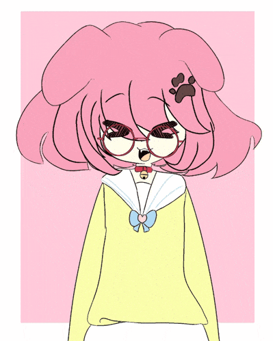 a drawing of a girl with pink hair and glasses on a pink background