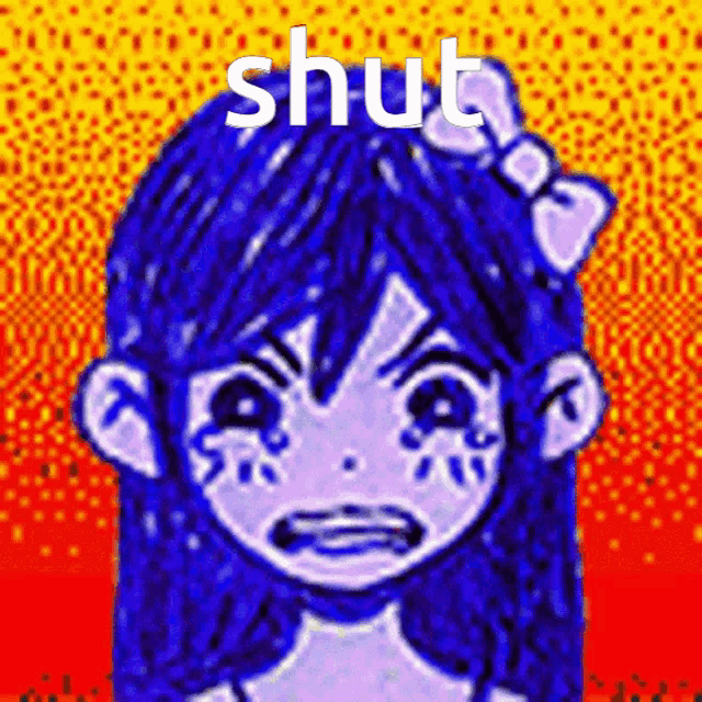 a picture of a girl with blue hair and the words shut above her head
