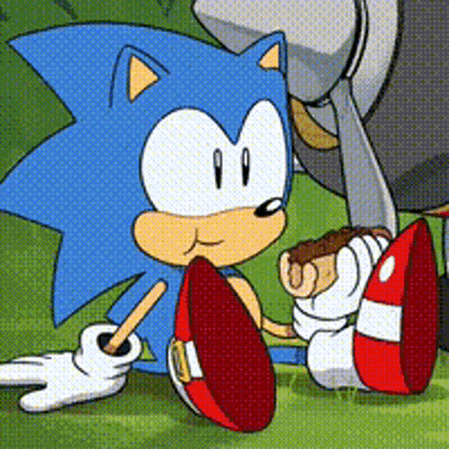 a cartoon drawing of sonic the hedgehog holding a hot dog