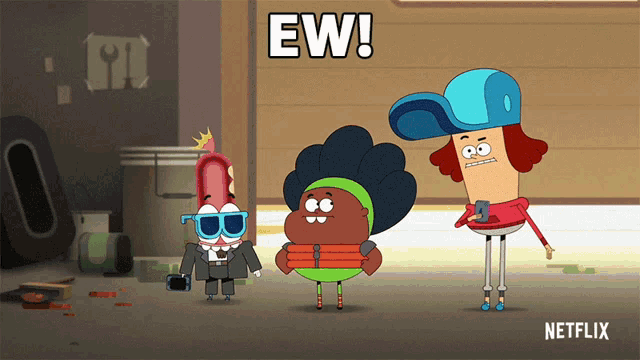 a group of cartoon characters are standing next to each other and the word ew is on the bottom