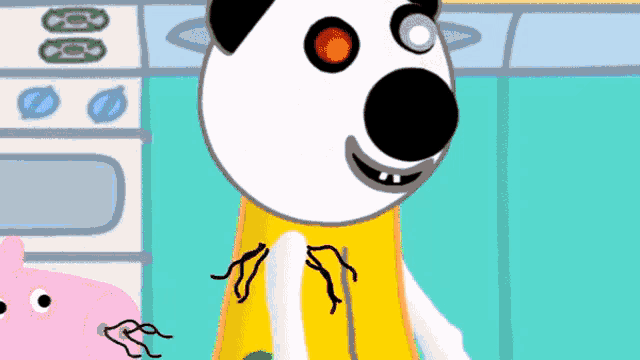 a cartoon dog wearing a yellow vest is standing next to a pig .