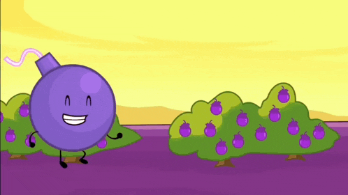 a purple bomb with arms and legs is smiling in front of a bunch of purple grapes .