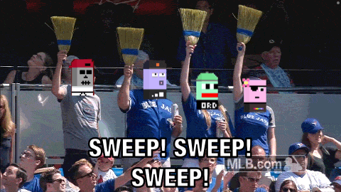 a group of blue jays fans holding brooms in the air with the words sweep sweep sweep