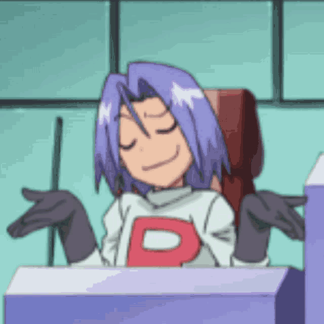a cartoon character with purple hair and a shirt that says r on it