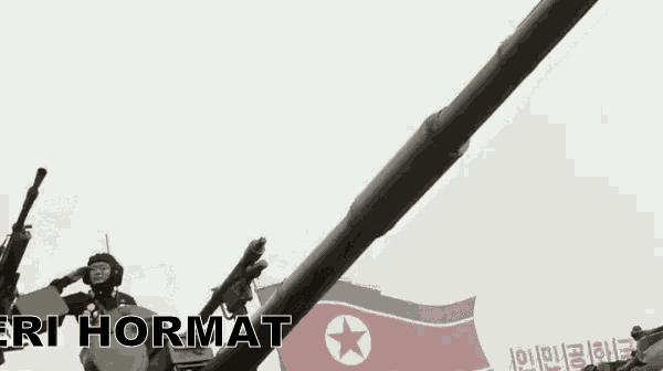 a group of soldiers are saluting in front of a flag and a large cannon .