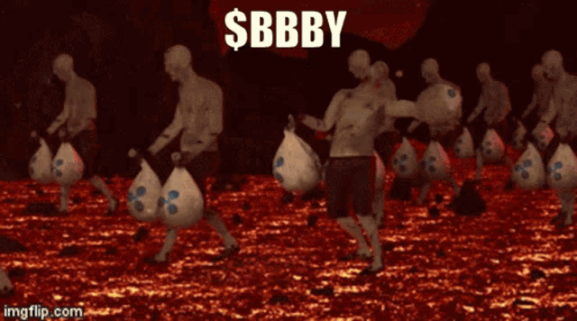 a group of zombies carrying bags of money with the word $ bbby on the top
