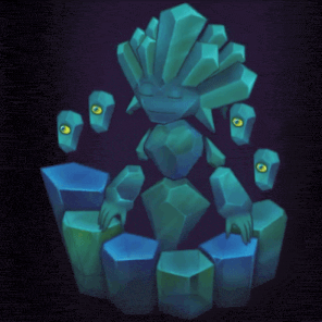 a cartoon character with yellow eyes is sitting on a pile of rocks