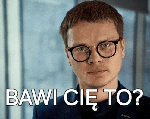a man wearing glasses says " bawi cie to " in white letters
