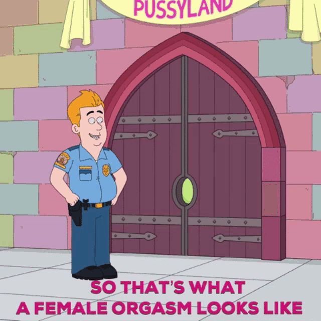 a cartoon of a police officer standing in front of a pink door that says pussyland on it