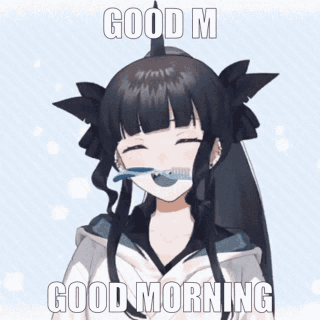 a girl is brushing her teeth with a toothbrush and the words good m good morning are above her
