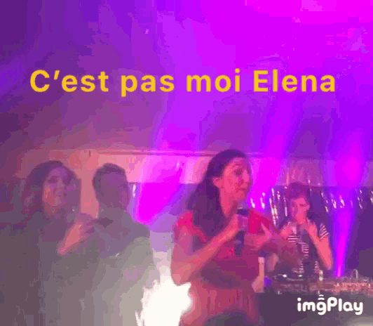a woman singing into a microphone with the words " c'est pas moi elena " written above her