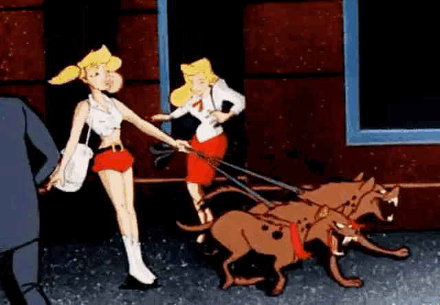 a cartoon of two women walking dogs on leashes .