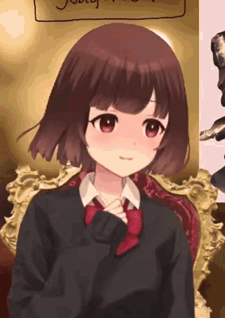 a girl in a school uniform and tie is sitting on a throne .