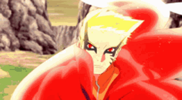 a close up of a cartoon character with red eyes and a yellow hair