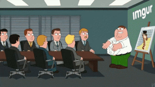 a cartoon of peter griffin giving a presentation to a group of people in front of a sign that says imgur