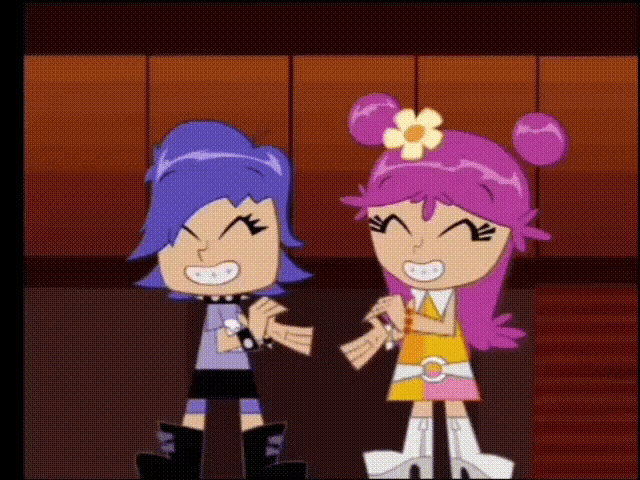 two cartoon characters standing next to each other with one wearing a flower in her hair