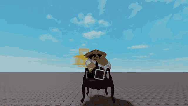 a cartoon character is sitting in a chair with a hat on
