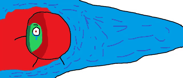 a cartoon drawing of a red and green object with a red eye