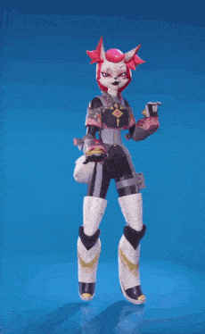 a cartoon character with red hair and a black and white outfit stands on a blue background
