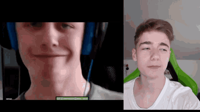 a screen shot of a man with headphones and a screen shot of another man with headphones and a green screen that says conference
