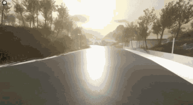 a computer generated image of a road with trees on the side