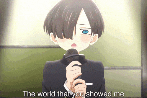 a boy singing into a microphone with the words the world that you showed me behind him
