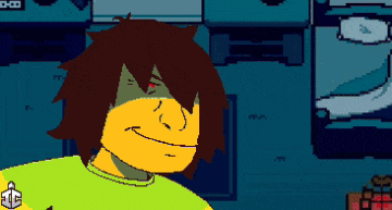 a pixel art drawing of a person with a yellow shirt and brown hair