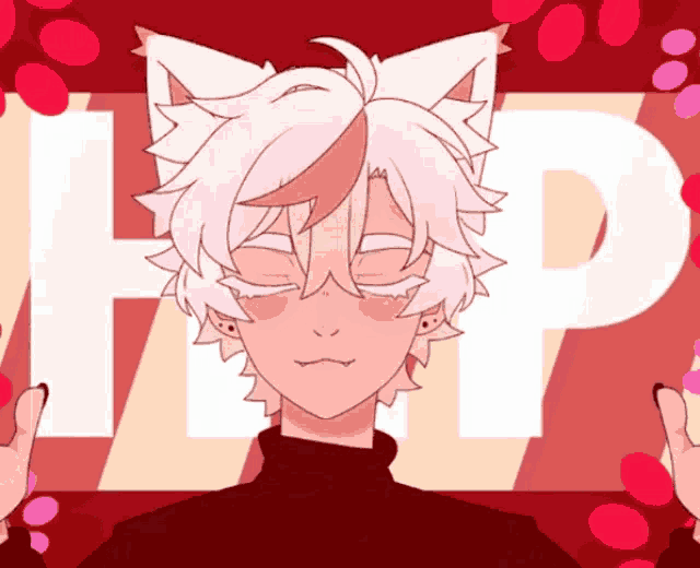 a drawing of a person with a cat ear and the letter p in the background