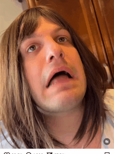 a close up of a man 's face with a wig