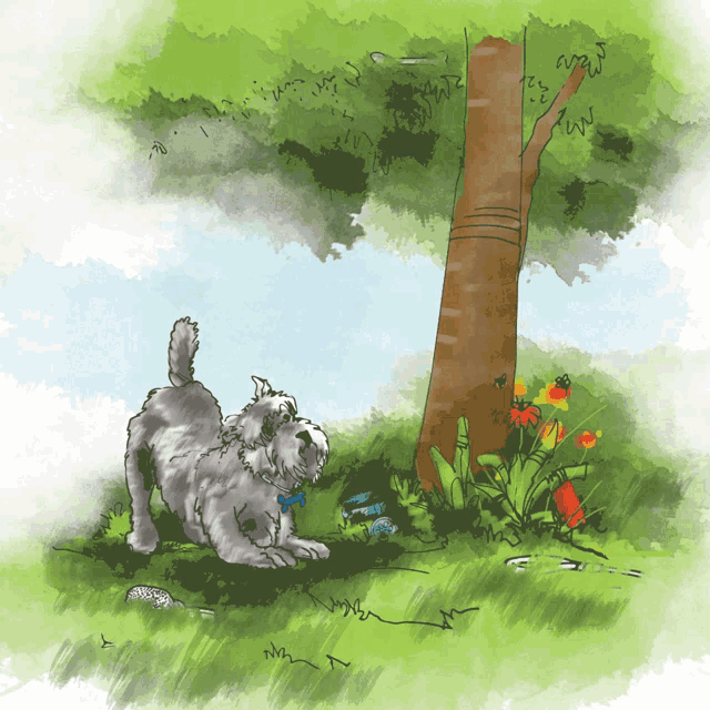 a drawing of a dog standing next to a tree with flowers in the background