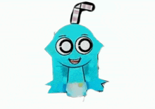 a blue cartoon character with big eyes and a bandage on his head