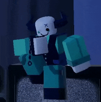 a cartoon character with horns and a smiley face is standing next to a wall in a dark room .