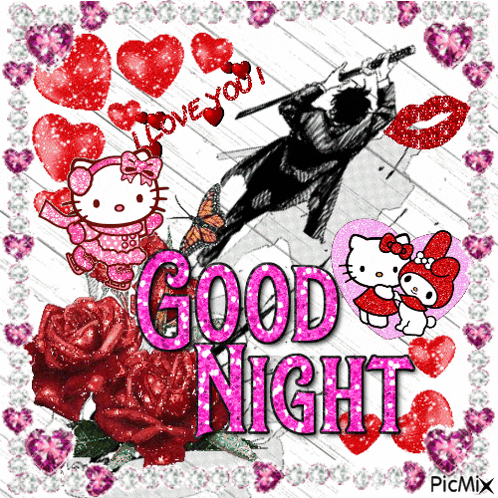 a picture of hello kitty and my melody with the words good night