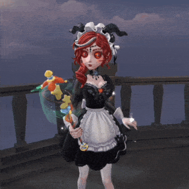 a cartoon girl with red hair and a maid outfit is holding a toy