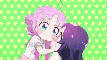 a girl with pink hair is hugging another girl with purple hair on a green background with stars