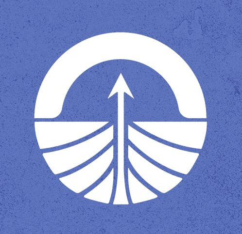 a blue background with a white circle with an arrow in the middle