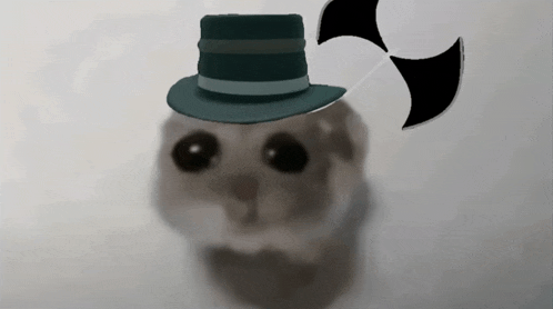 a hamster wearing a top hat with a fan on it 's head