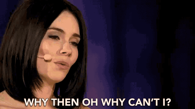 a woman speaking into a microphone with the words " why then oh why can 't i " next to her