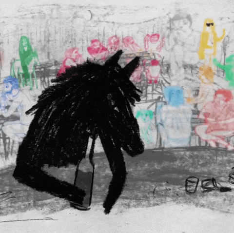 a drawing of a donkey with a bottle of alcohol in its mouth