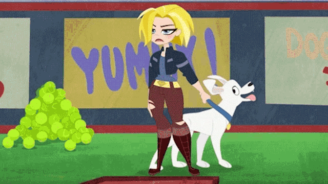 a cartoon girl standing next to a white dog with a sign behind her that says yum