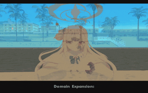 a picture of a girl with the words domain expansion written below her