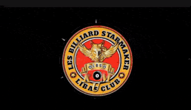 a woman wearing glasses is standing in front of a billiards star marker logo